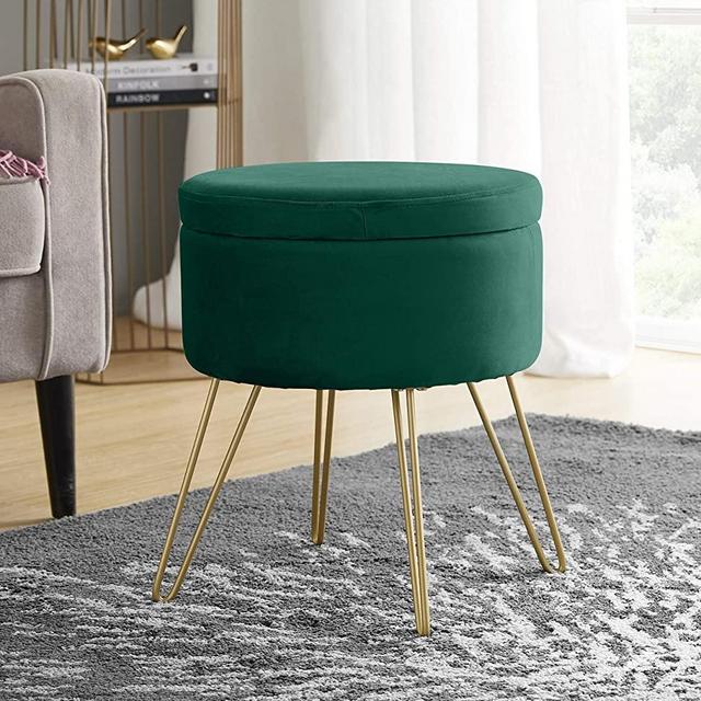 Ornavo Home Modern Round Velvet Storage Ottoman Foot Rest Vanity Stool/Seat with Gold Metal Legs & Tray Top Coffee Table - Emerald Green