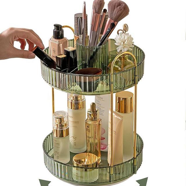 Asayuee 360 Rotating Makeup Organizer,2 Tier Large Capacity Make Up Organizers and Storage,Skincare Perfume Vanity Organizers,Bathroom Cosmetics Storage Organizer Countertop