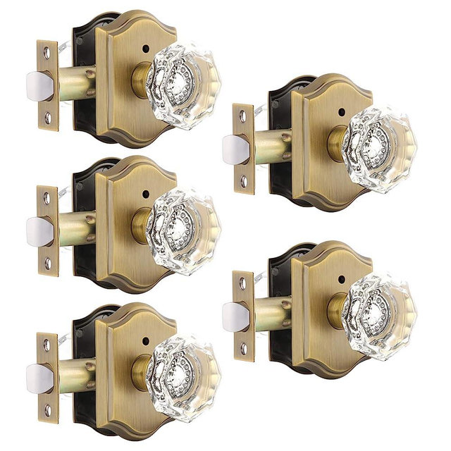 Gobrico Interior Door Locksets in Antique Brass,Octagonal Crystal Doorknobs for Bed/Bath,Privacy Function Door Handles,Push Pin Inside Lock,5 Pack