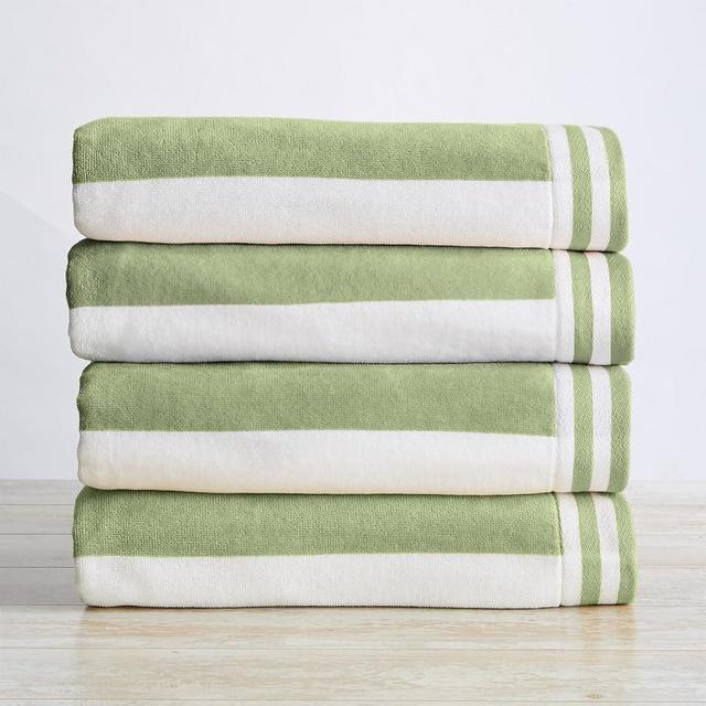 Great Bay Home 100% Cotton Velour 4 Pack Beach Towels - Green/White Cabana Stripe Pool Towels - Quick Dry, Large Swim Towels for Adults and Kids (4 Pack 30" x 60", Eucalyptus Green/White)