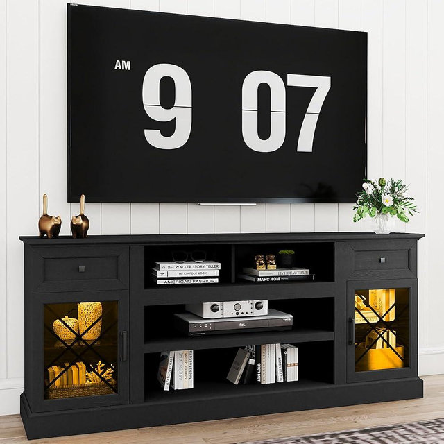 ENOUSHU 70 Inch Farmhouse TV Stand Table for 75 80 inch TV, Modern Entertainment Center with LED Lights and Glass Doors, Wooden Black TV Stands for Living Room