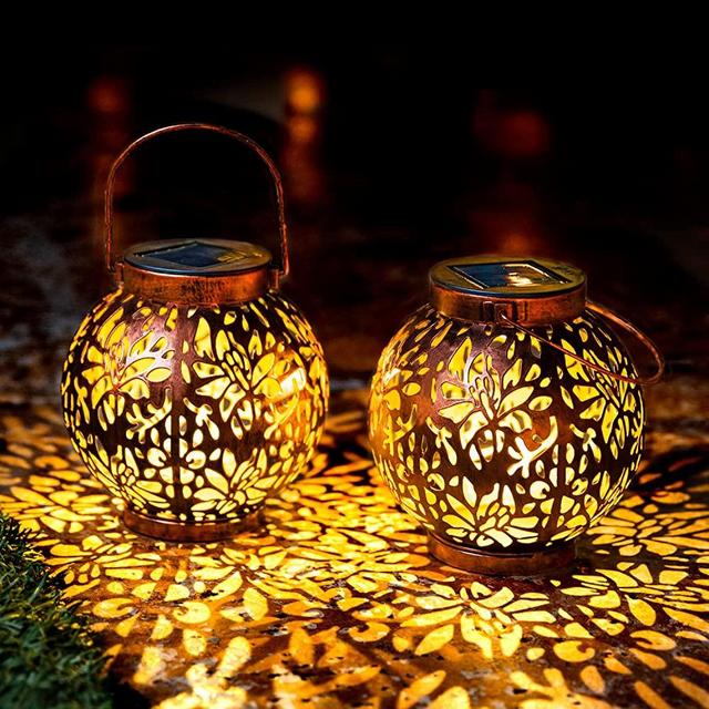 JOIEDOMI 2 Pack Outdoor Solar Hanging Lantern Lights, Waterproof Tabletop Solar Lights with Handle, LED Solar Powered Moroccan Lanterns, Metal Decorative Garden Lights for Patio, Lawn, Porch, Backyard