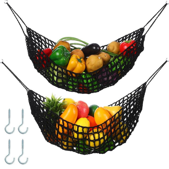 Xuhal 2 Pcs 11.8 x 20 Inch Large Macrame Fruit Hammock Under Cabinet Veggie Banana Hammock Hanging Fruit Basket Saves Counter Space for Kitchen Hand-woven Lace Hanging Basket (Black Style)