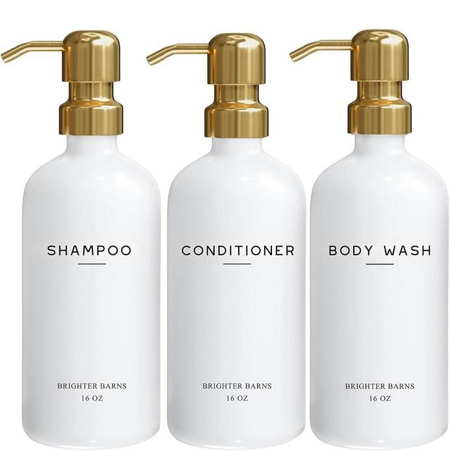 Luxury Shampoo and Conditioner Dispenser Set by Brighter Barns - Shower Soap Dispenser - Shampoo Conditioner Body Wash Dispenser & Pump - White and Gold Bathroom Accessories in Spa, Hotel, Gift (Gold)