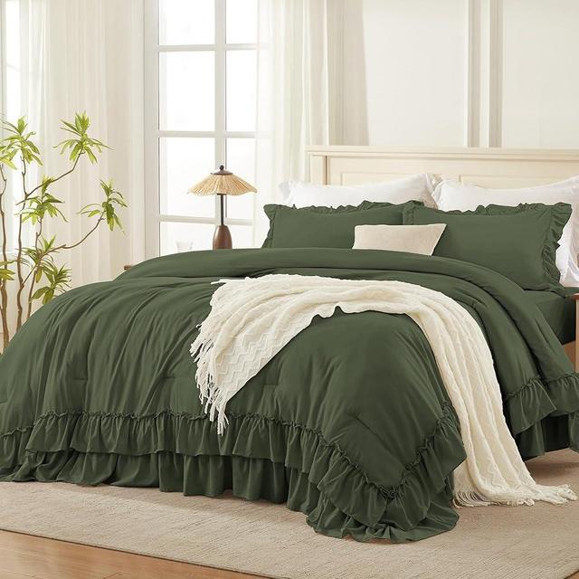 Andency Olive Green King Comforter Set (104x90Inch), 3 Pieces Ruffle Comforter Set with 2 Pillowcases, Farmhouse Shabby Chic Lightweight Fluffy Soft Microfiber All Season Bed Set