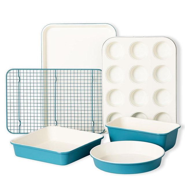 CAROTE 6-Piece Ceramic Baking Pans Set, Aluminized Steel Bakeware Sets, Toxin-Free Nonstick Stackable Oven Pans with Cookie Sheet, Muffin Pan, Loaf Pan, Round & Square Cake Pan, Cooling Rack