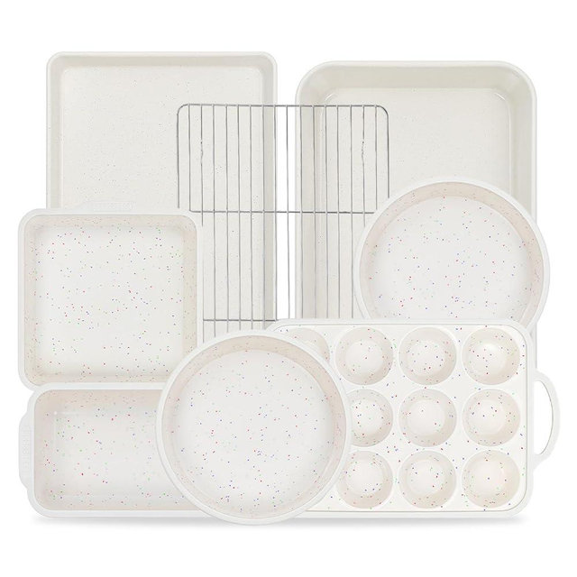 Vinino 8-Piece Baking Pans Set Nonstick, Bakeware Set includes Silicone Muffin, Loaf, Cake Pans with Metal Reinforced Frame, and Carbon Steel Roasting Pan, Cookie Sheet, Cooling rack for Oven-Cream