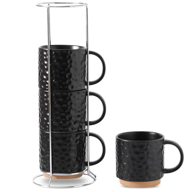 Nihow Ceramic Coffee Mug Set of 4, 16OZ Stackable Coffee Mug Set with Stainless Stand,Large Cup Set for Cappuccino,Tea,Hot/Cold Drinks,Dishwasher & Microwave Safe,Matte Black