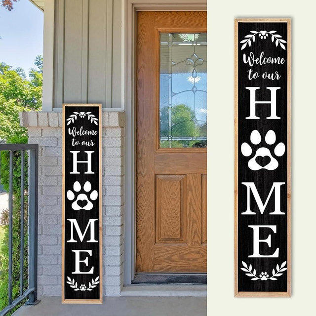 TQianJiang Farmhouse Welcome Outdoor Sign Front Door Welcome To Our Home With Paw Print 45"×9" for Outside Front Porch Standing Leaner Vertical Hanging Entryway Rustic Wooden Framed (Wood Black)