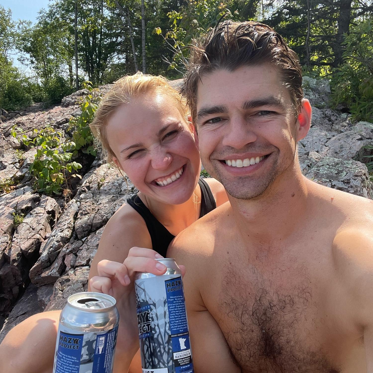 Taking a trail beer break (hazy IPAs ONLY) while hiking in Tetagouche state park on the north shore. This was one of their favoritest summer days yet.