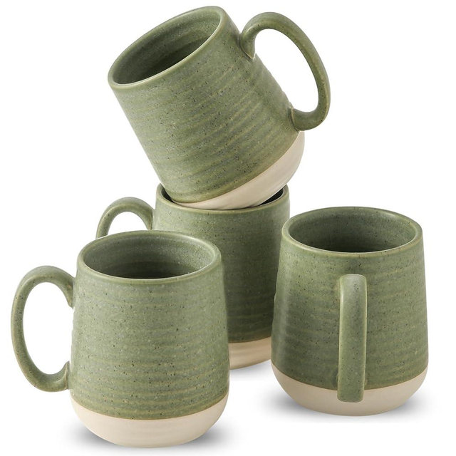 Large Ceramic Coffee Mugs Set - 15 OZ Porcelain Coffee Latte Cups Set of 4 with Handle Perfect for Cappuccino, Tea, Mocha, Hot or Cold Drinks, Unique Glaze Design for Home, Cafe and Coffee Bar, Green