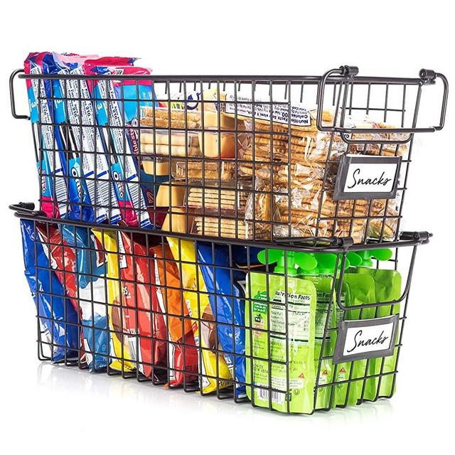 Gorgeous Stackable Wire Baskets For Pantry Storage and Organization - Set of 2 Pantry Storage Bins With Handles - Sturdy Metal Food Baskets Keep Your Pantry Organized