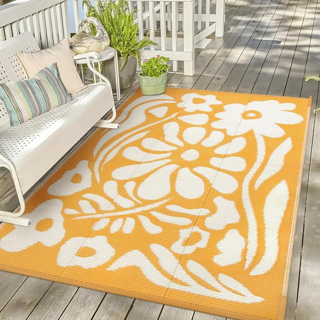 Uphome Outdoor Plastic Straw Rug 6x9 ft, Reversible Waterproof Outdoor Rug Carpet, Orange Floral Patio Rug, RV Camping Rug for Outside, Indoor Outdoor Area Rug for Backyard Deck Balcony Picnic, 6'x9'