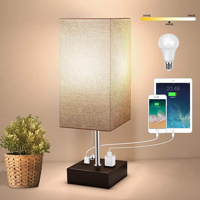 3-Color Temperature Bedside Lamp with USB Port and AC Outlet Table Lamps for Bedroom Lamps Nightstand Lamps with Grey Shade Black Metal Bed Lamp Small Desk Lamps for Living Room Office (Bulb Included)