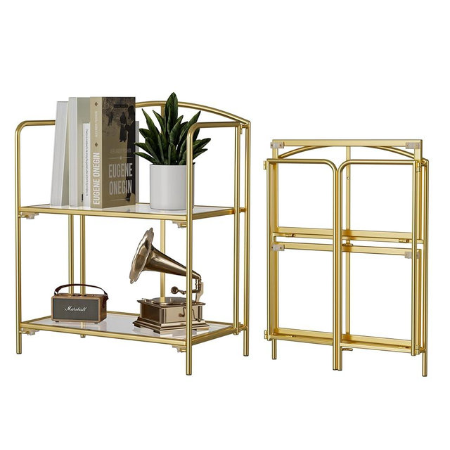 Crofy No Assembly Folding Bookshelf for Living Room, 2 Tier Gold Collapsible Book Shelf for Home Office, Portable Bookcase Storage Organizer