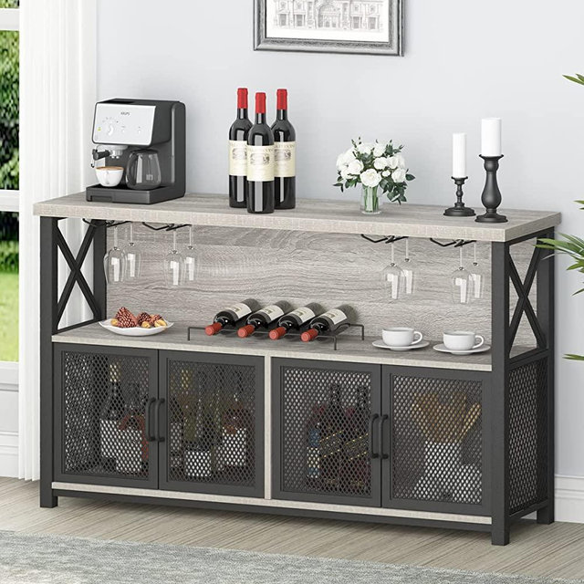 LVB Liquor Home Bar Cabinet, Industrial Coffee Bar Cabinet for liquor and glasses, Farmhouse Modern Sideboard Buffet Cabinet with Wine Rack Storage for Kitchen Dining Living Room, Light Grey Oak 47 in
