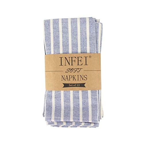INFEI Soft Broad Striped Linen Cotton Dinner Cloth Napkins - Set of 12 (17 x 17 inches) - for Events & Home Use (Blue)