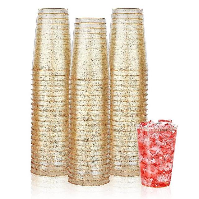 Vplus 150 Pack 12 OZ Gold Glitter Plastic Cups, Hard Gold Plastic Cups, Bulk Gold Disposable Plastic Cups for Wedding, Thanksgiving, Halloween, Christmas Party