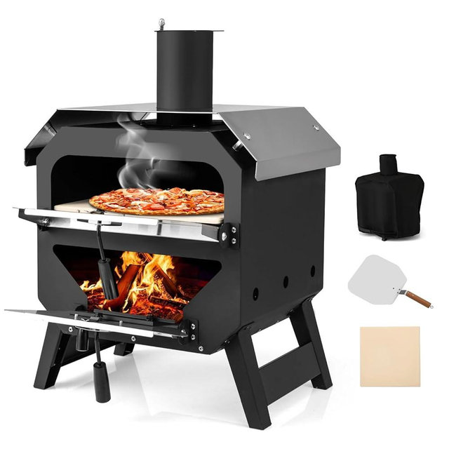 Happygrill Pizza Oven Outdoor, 12” Portable Wood-Fired Pizza Stove with Pizza Stone, Pizza Peel & Oxford Cloth Cover, Multi-Fuel Pizza Maker with Stainless Steel Roof for Patio Backyard Camping BBQ