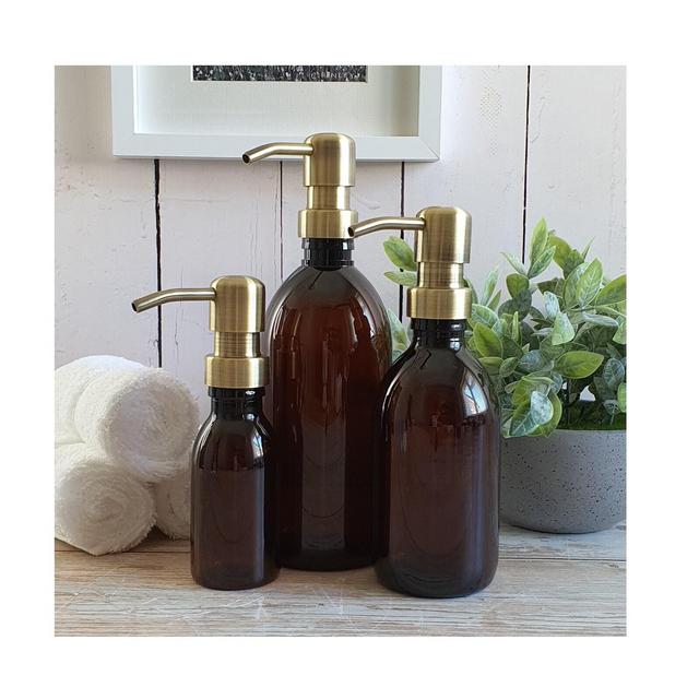 Refillable Brown Plastic Bottles Soap Dispenser - Lightweight - Vintage Brass Style Pump - On Trend Bathroom Accessory - Sold Empty
