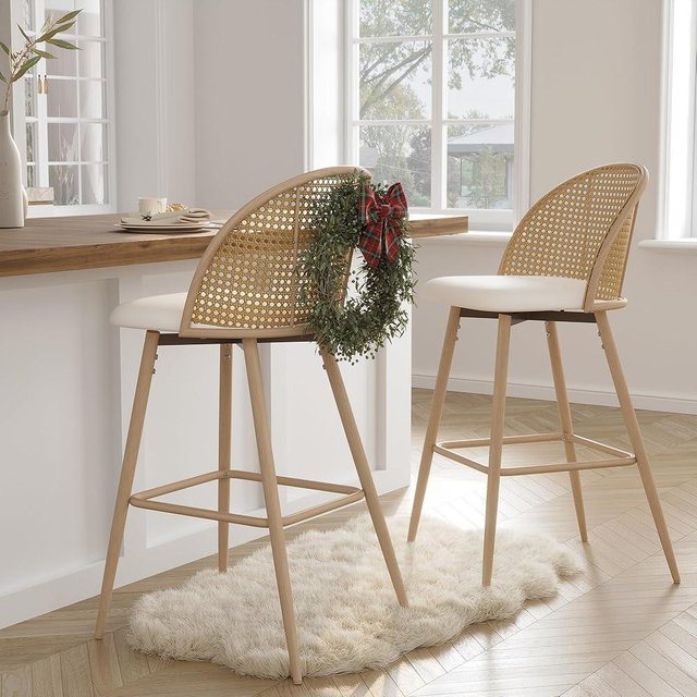 TYBOATLE Bar Stools Set of 2 Rattan Swivel 29" Height Barstools for Kitchen Counter Island Mid Century Modern White Faux Leather Bar Chairs with Metal Legs Woven Stools Upholstered Boho Bar Stool