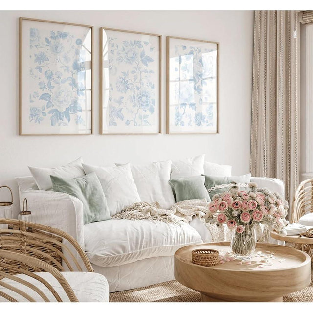 Blue White Wall Art Chinoiserie Flower Canvas Wall Decor Aesthetic Floral Wall Art Watercolor Vintage Prints Abstract Botanical Poster Blue Flower Pictures for Bedroom Bathroom 12x16x3 Inch Unframed