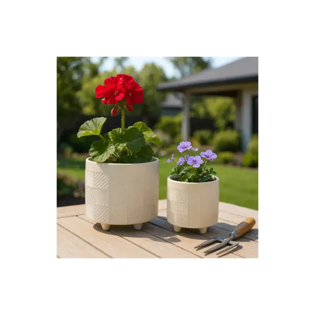 Decorative Ceramic Planter Pots for Indoor and Outdoor Plants - Round Plant Pots Perfect For Patio, Garden, or Home Décor - Set of 2 - 8", 7" White