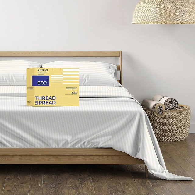 THREAD SPREAD Luxury Egyptian Cotton Queen Stripe Sheet Set, 600 Thread Count Extra Long Staple 4 PC Set, Queen Damask Sheets, Soft, Cooling Sateen Weave Striped Sheets Upto 18" Deep Pocket - Ivory