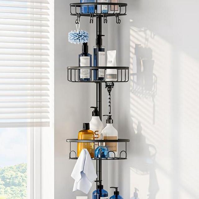 Corner Shower Caddy Tension Pole: Stainless Steel Rustproof 4-Tier Shower Organizer - 47-121 inch Adjustable Bathroom Shelves for Bathtub Shampoo Storage - Tension Rod Floor Standing Bath Rack - Black