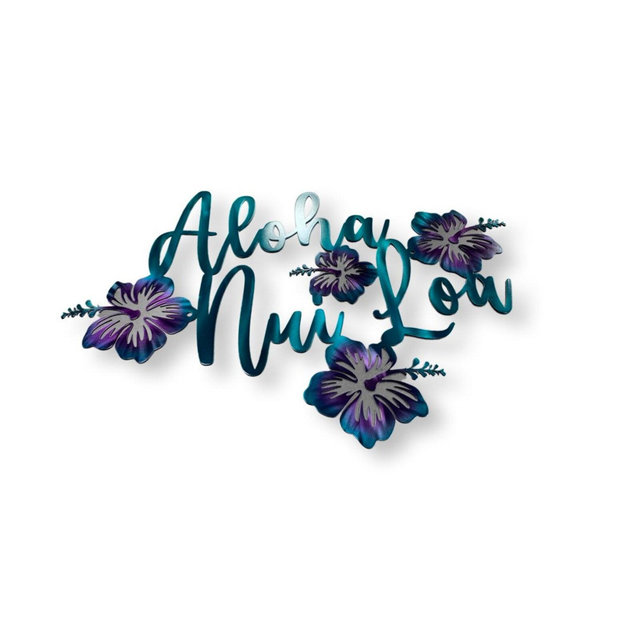 Aloha Nui Loa, all my love, metal wall hanging, Hawaiian saying, coastal themed decor, hibiscus flower sign, pool house decor