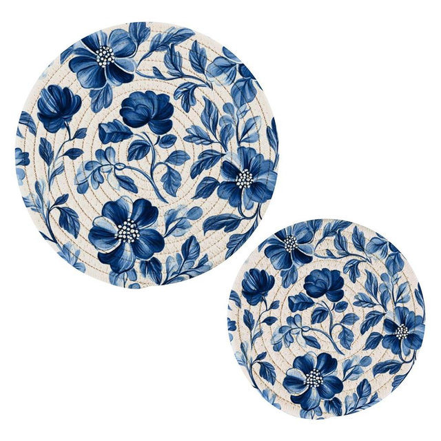 ALAZA Blue and White Floral PotHolders Trivets Set Cotton Hot Pot Holders Set Farmhouse Coasters,Hot Pads,Hot Mats for Kitchen Counter Decorative