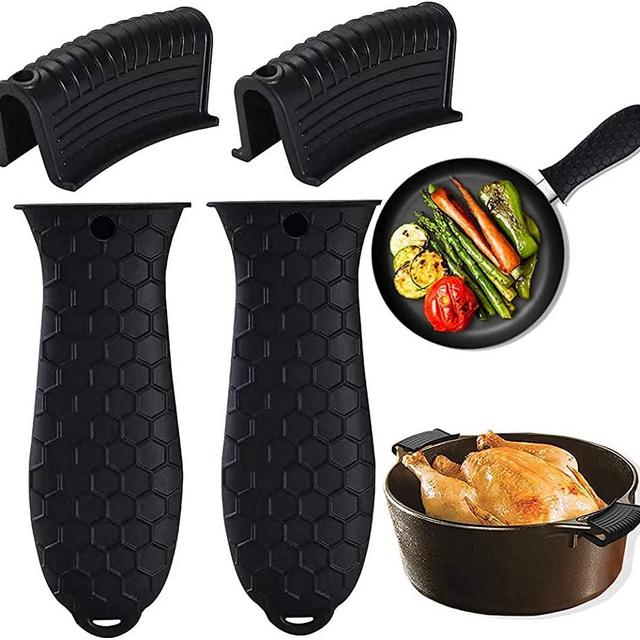 Silicone Hot Handle Holders Cover 4 Pack Cast Iron Skillet Handle Cover Pot Handle Holder Sleeve Non-Slip Heat Resistant Removable Potholder for Metal ​Frying Pans Aluminum Cookware Handles Black
