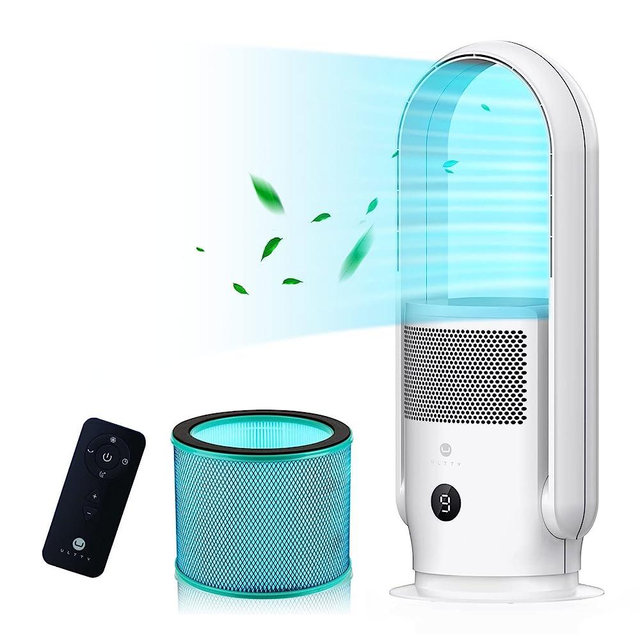 ULTTY Bladeless Tower Fan and Air Purifier in one, 90° Oscillating Bladeless Fan with Remote, Touch, 8H Timer, Floor Fans for Bedroom Whole Room Home Office CR021, White