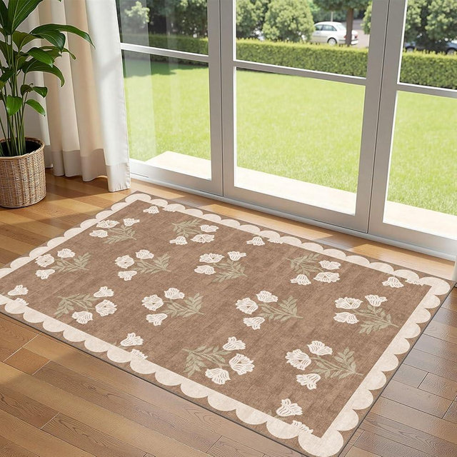 Othilic 3x5 Floral Entry Rug - Small Washable Indoor Outdoor Mats for Front Door Non-Slip Porch Rug Tan Boho Neutral Farmhouse Throw Rugs for Living Room Bedroom Entryway Kitchen Office Porch Decor
