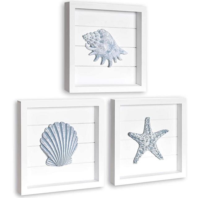 TideAndTales Beach Wall Decor with Blue Seashells and Starfish, Elegant Framed 3D Art, Beach Decor for Bathroom or Coastal Bedroom, Ocean Inspired Beach Decorations for Home, Shells Wall Art