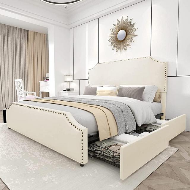 AMERLIFE Queen Size Bed Frame with 4 Storage Drawers and Headboard, Queen Velvet Upholstered Platform Bed with Rivet Curved Adjustable Headboard/Strong Wooden Slats/Easy Assembly/Gream