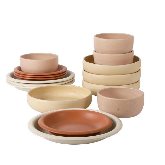 Bloomhouse Corsica Clay 16 Piece (Service for 4) Double Plates and Bowls Stoneware Dishes Reactive Glaze Dinnerware Set - Assorted Colors