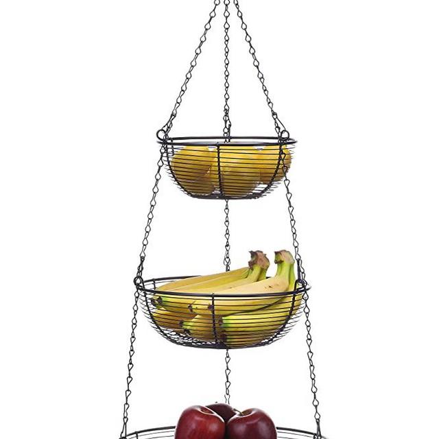 SunnyPoint 3 Tier Hanging Fruit Basket, Black Coating