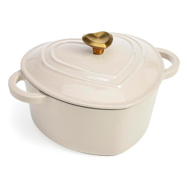Paris Hilton Enameled Cast Iron Dutch Oven Heart-Shaped Pot with Lid, Dual Handles, Works on All Stovetops, Oven Safe to 500°F, 4-Quart, Cream