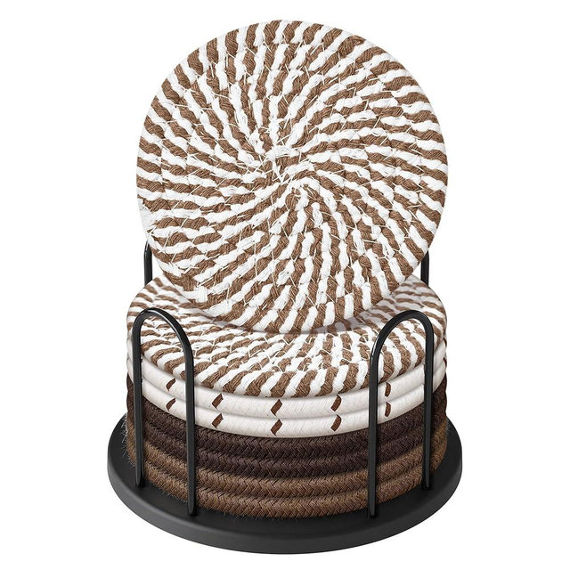 Lazebox Coasters Set of 8 for Drinks, Beer, Coffee, Cotton Woven 4 Colors Absorbent Coaster with Holder, Boho Coasters for Home Decor Tabletop Protection Suitable for Kinds of Cups