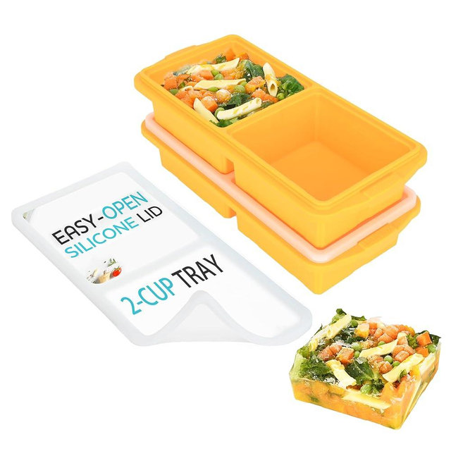XOMOO Silicone Freezer Tray With Lid-Soup Freezer Container molds-2-cup Extra Large Ice Cube Tray-makes 4 perfect 500ml portions cubes, For freezing soup,stews,sauces.Oven&Dishwasher-Safe(2-Pack)