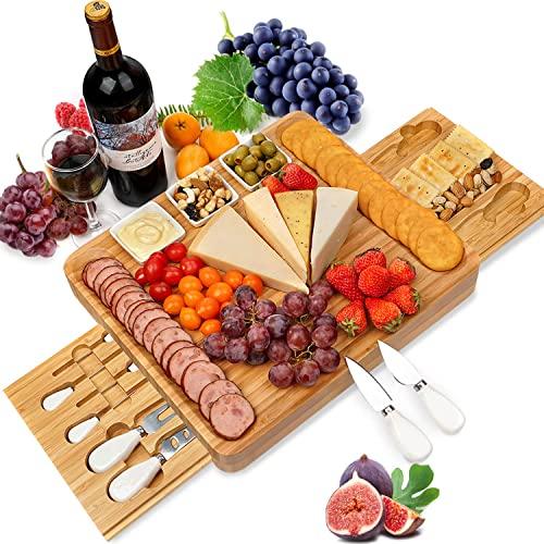 Cheese Board and Knife Set, Bamboo Charcuterie Boards Large Extra Meat Charcuttery Platter Serving Tray for Housewarming Personalized Holiday Birthday Wedding and Party Gifts Ideas