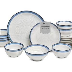 Sango Siterra Santorini 16-Piece Stoneware Dinnerware Set for 4, Ceramic White Plates and Bowls Sets with Blue Rim & Reactive Glaze, Chip Resistant Dish Set, Microwave & Dishwasher Safe Kitchen Dishes