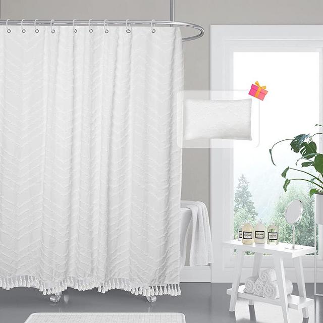 Boho Shower Curtain White Tassle Woven Fabric Shower Curtain Modern Farmhouse Textured Tufted Chevron Striped Minimalist Bathroom Shower Curtain 72 x 72 White