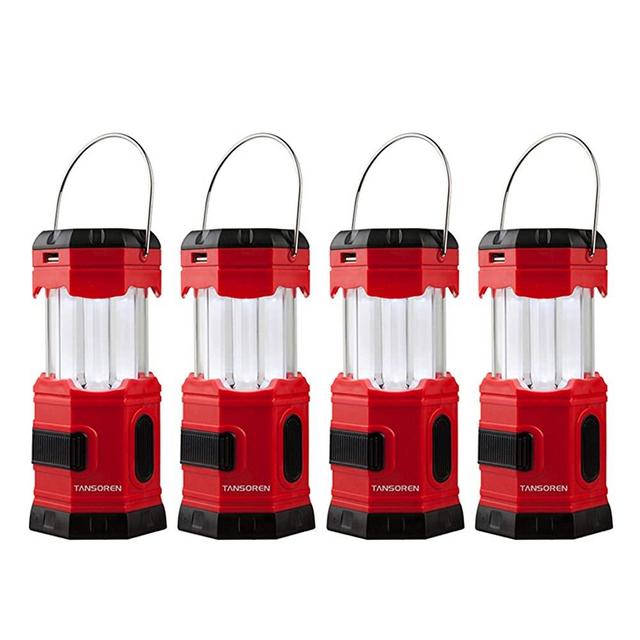 TANSOREN 4 Pack Portable LED Camping Lantern Solar USB Rechargeable or 3 AA Power Supply, Built-in Power Bank Compati Android Charge, Waterproof Collapsible Emergency LED Light with "S" Hook