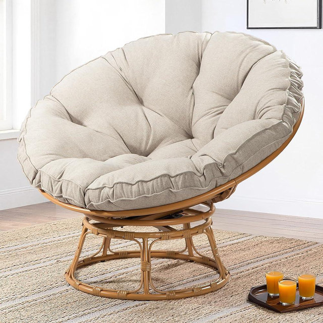 MeetLeisure 41" Papasan Chair with Cushion and 360 Degree Swivel Base, Papasan Lounge Chair with Cushion and Sturdy Frame, Large Saucer Chair, Circle Chair, Round Chair, Bronze/Beige