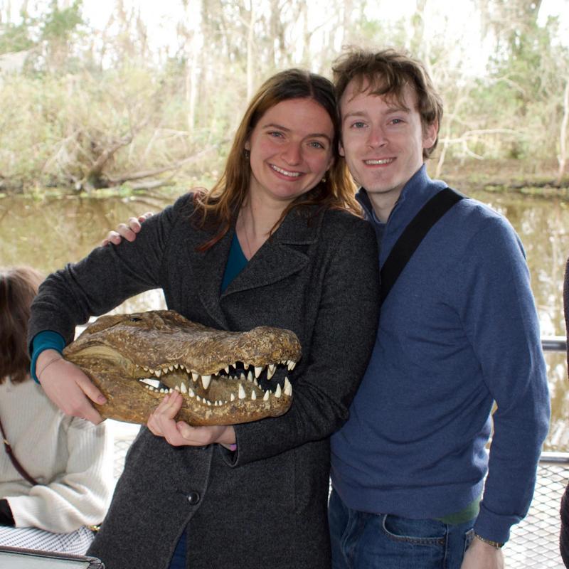 On a swamp tour in New Orleans.  Did you know that deep fried alligator tastes just like deep fried chicken?