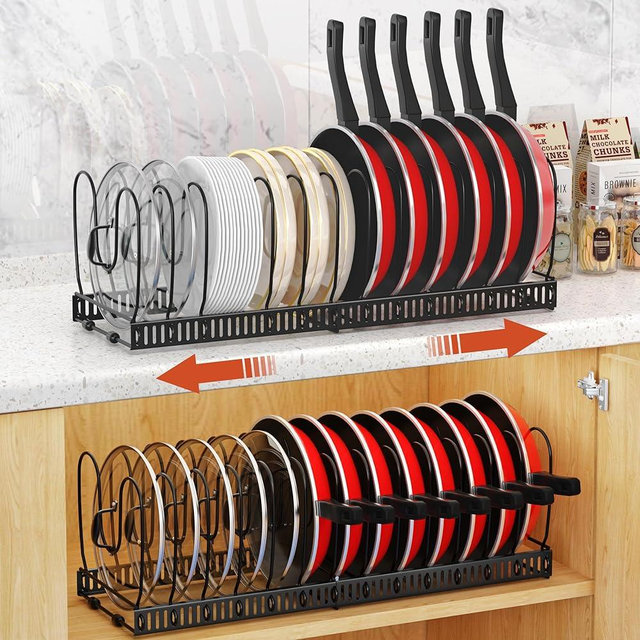 Housolution 2 Pack Pot and Pan Organizer Rack, 12"-23" Expandable Pot Lid Organizer with 14 Adjustable Dividers, Pan Holder Storage Rack for Kitchen Cabinet, Black