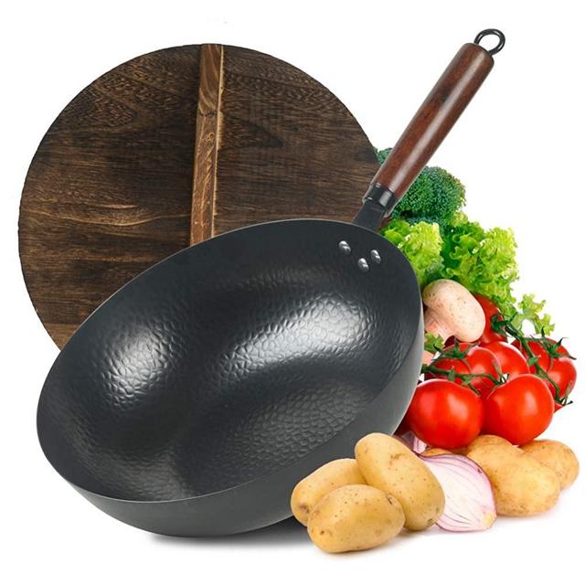 COUNER Carbon Steel Wok with Wooden Handle and Lid, Flat Bottom Wok with Lid for Electric, Induction, Gas Stoves,12.5 inch, Black