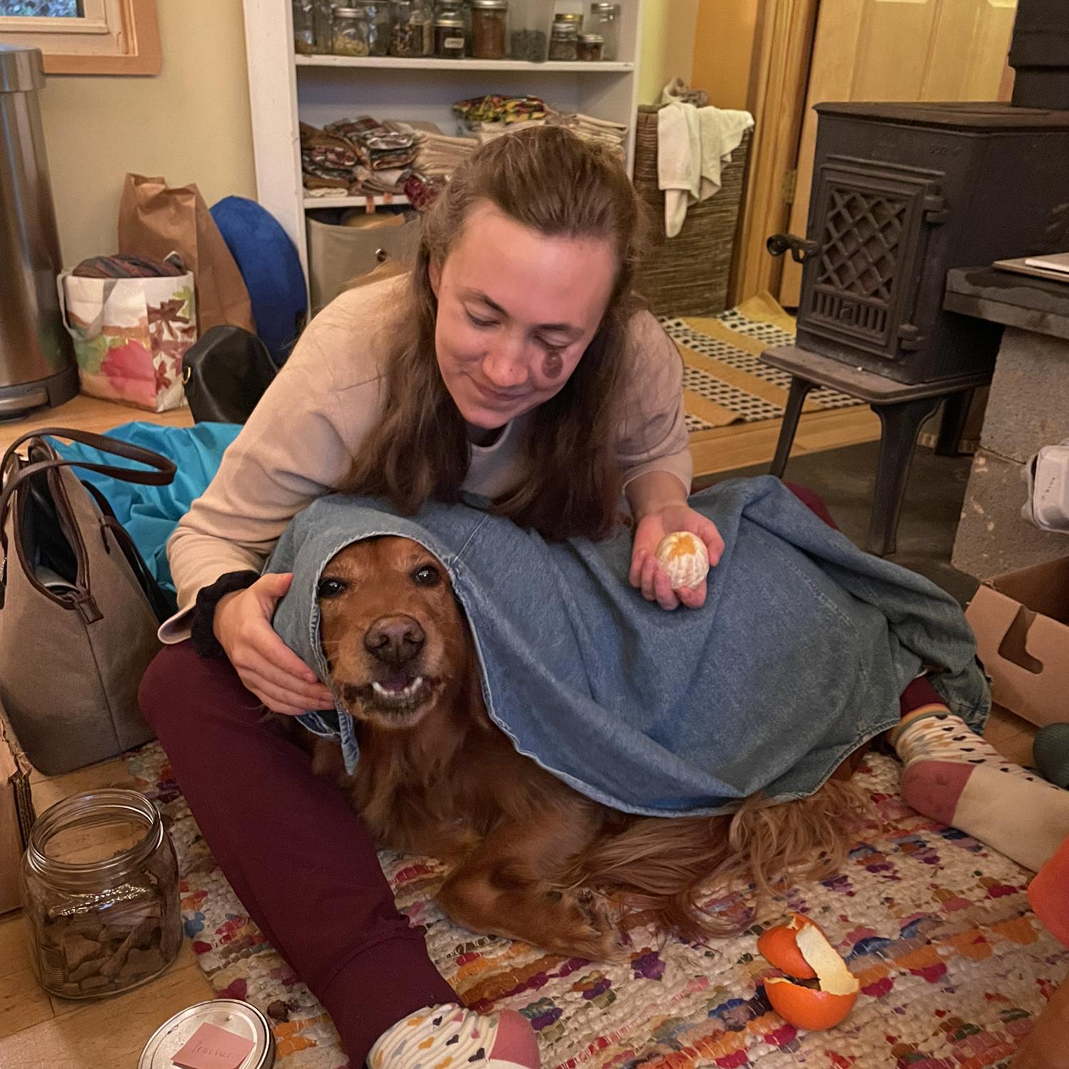 Comforting an Peaches during a thunderstorm.